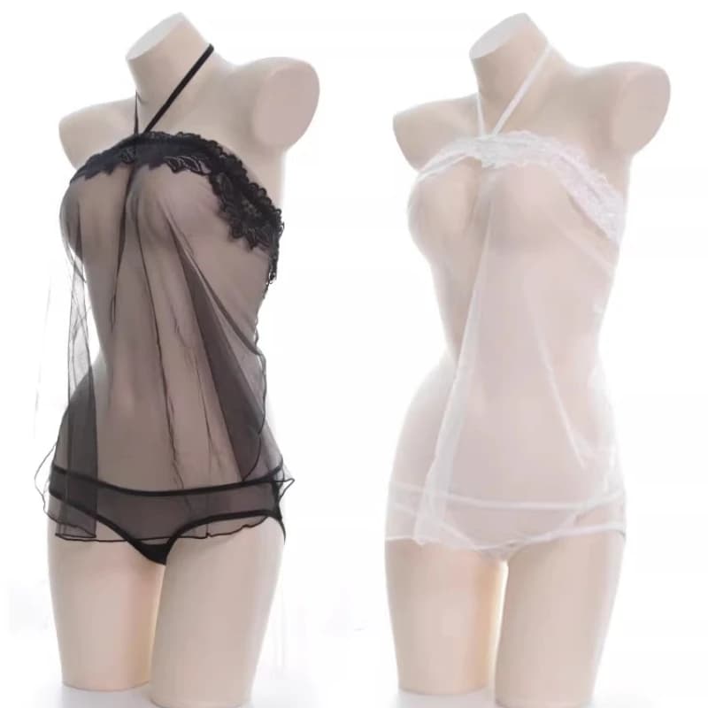 Set of Lingerie Anime in Pizzo and Net Transparent, Sexy Night Dress, Transparent Intimo with Neck Discovery, Outfit for Role Games