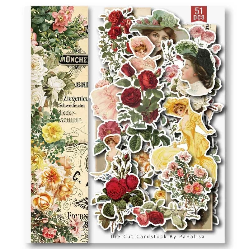 51Pcs Fairy Rose Flower Die Cut Cardstock DIY Collection Kit for Junk Journal Scrapbooking Happy Planner Decorative Gift Card