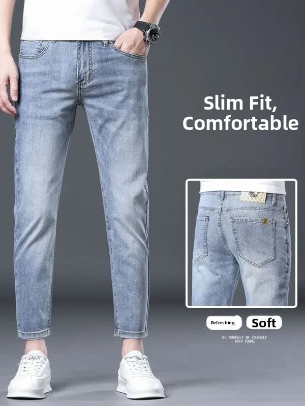 Jeans Hong Kong Ice Silk Nine-Tenths da uomo, slim fit, elasticizzati, alla moda, colore chiaro, estivi, nuovi, casual, in cotone elasticizzato.