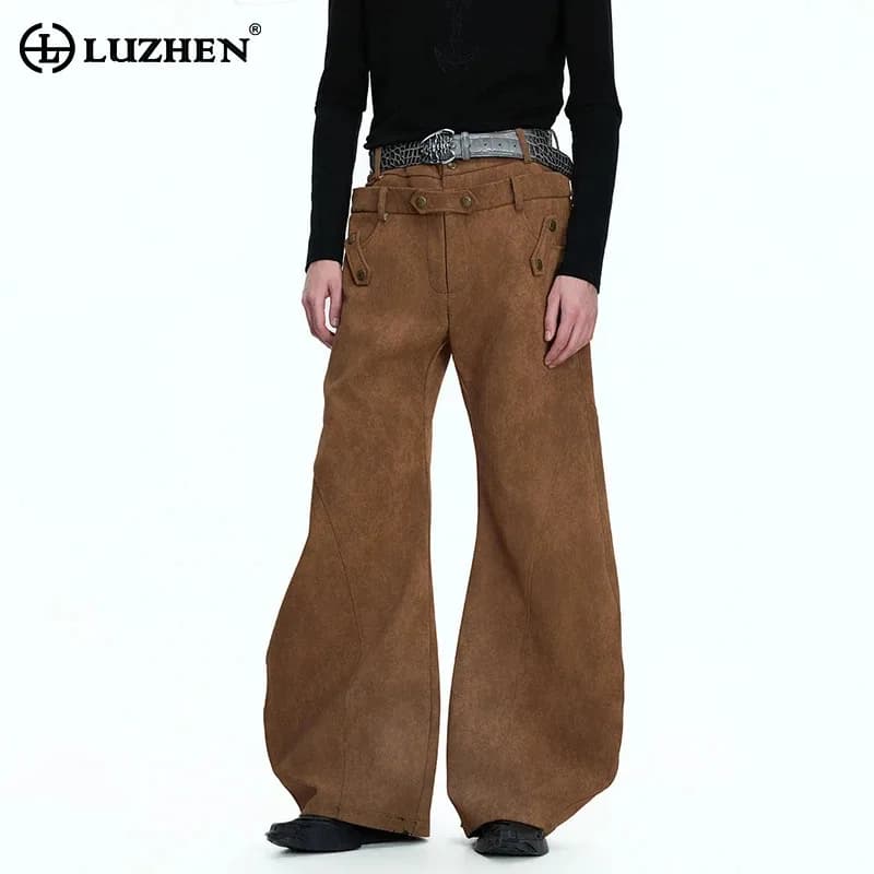 Pantaloni Casual da Uomo LUZHEN con Cintura Decorativa a Bottoni, Doppio Strato, Tinta Unita, Gamba Larga, Nuova Collezione 2026, Stile Elegante e Comodo JY6143