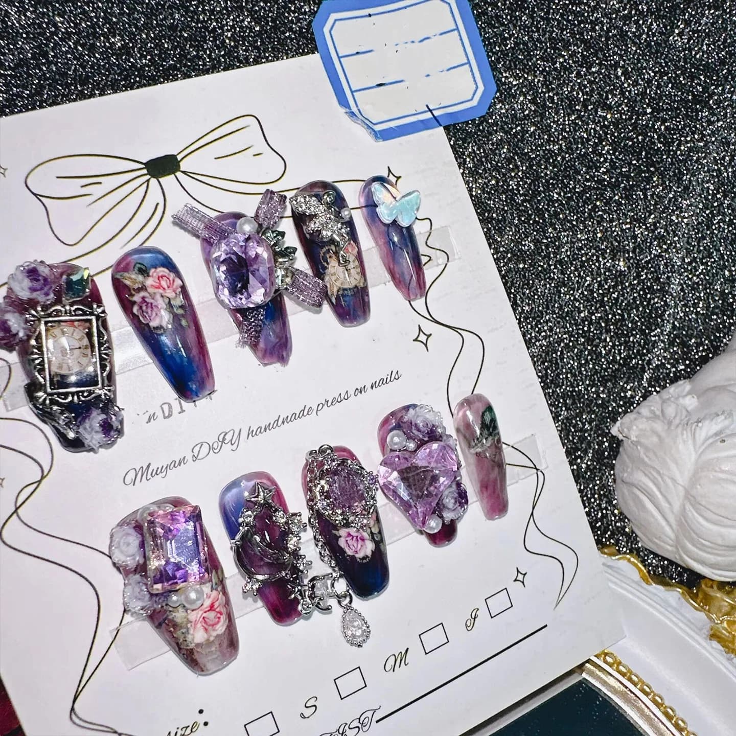 Hand-made vintage nail art stickers, purple - blue foam style, easy to apply and long lasting, perfect for banquets