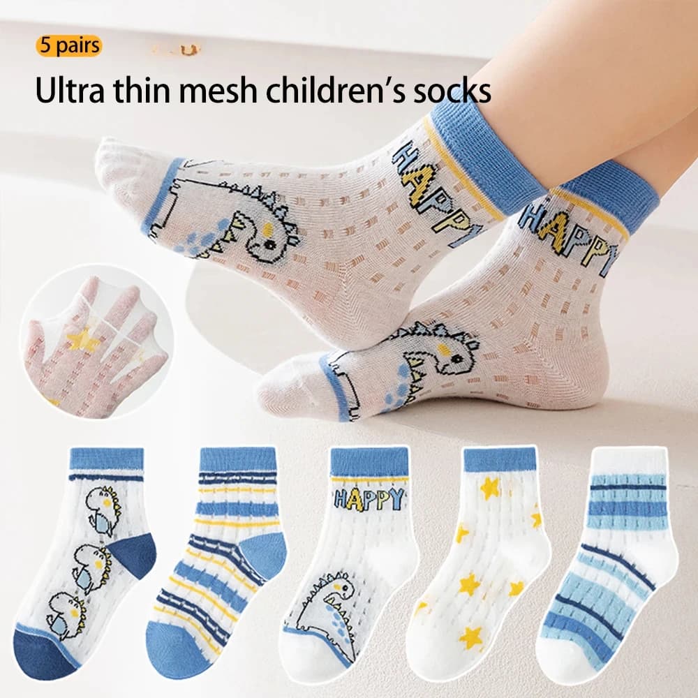 5Pairs 0-8Years Summer Ultra Thin Breathable Lightweight Mesh Sock Cartoon Dinosaur Korean Academic Style Ankle Socks