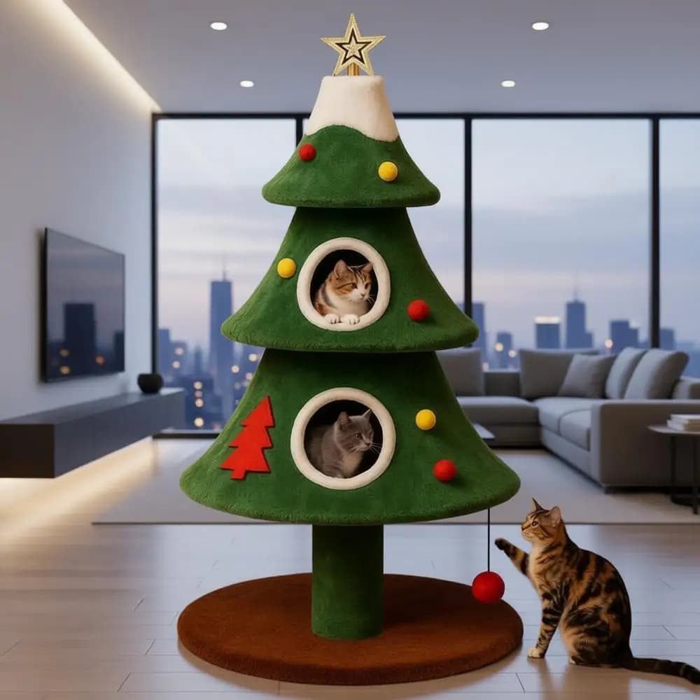 Torre per gatti moderna per le vacanze con 2 case accoglienti, antiribaltamento, posatoi in peluche e palline sospese per giochi e dormire dei gattini