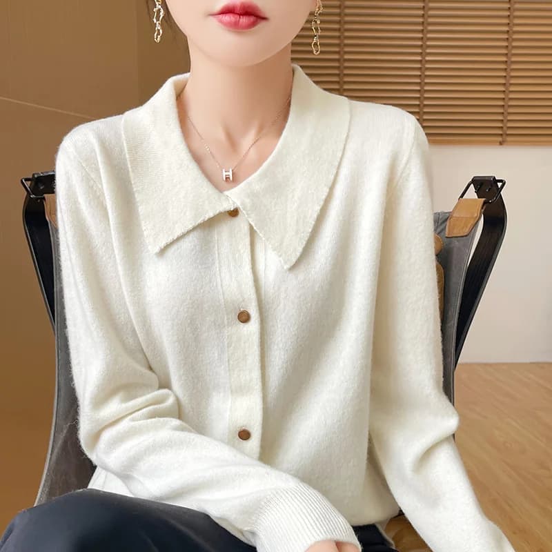 Autunno e inverno nuovo collo POLO in pura lana da donna cardigan in maglia a maniche lunghe allentato monopetto cappotto maglione casual