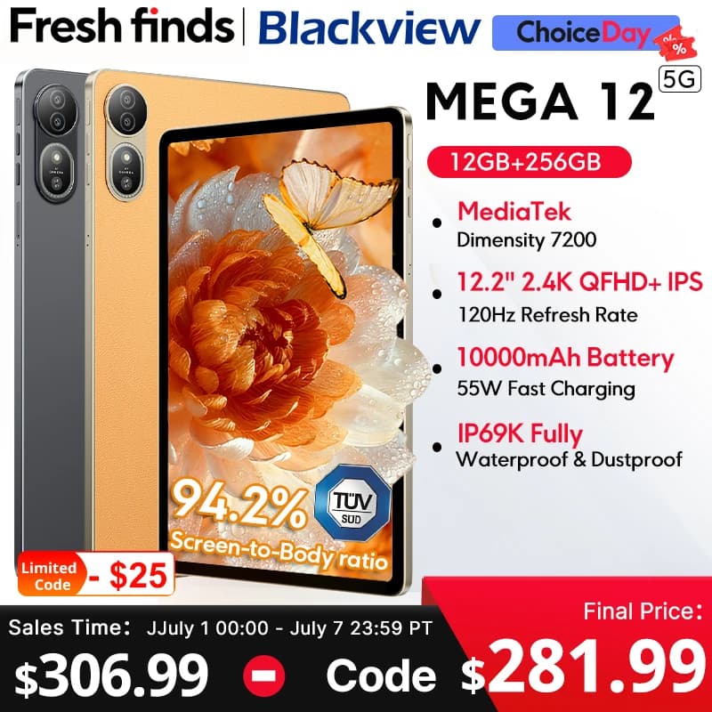 【Estreno mondiale】Blackview MEGA 12 Tablet 5G 12,2" 2,4K 120Hz Display Dimensity 7200 CPU IP69K Impermeabile 50MP 10000mAh Pad PC