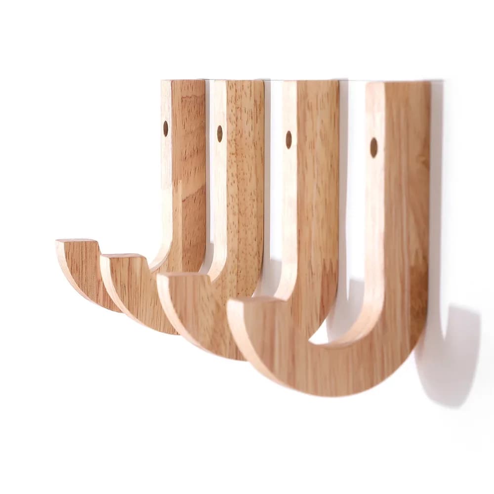 1/4 Pezzi Ganci a J in Legno per Appendere Vestiti, Borse, Accappatoi, Asciugamani - Organizzatore da Parete per Cucina e Bagno