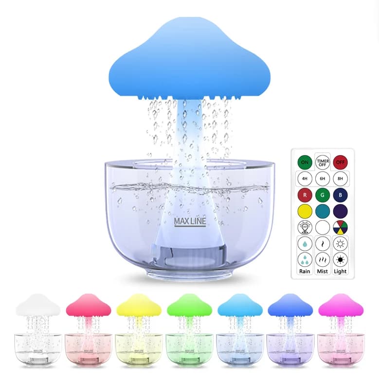 Nuovo 2023 prodotto ombrello fungo nuvola umidificatore goccia d'acqua rumore bianco 7 colori luce notturna diffusore di nuvole di pioggia