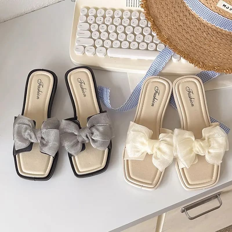 Summer Women Bow Slippers Square Toe Design Soft Sole Home Beach Outdoor Ladies Slide Sandals 2026 New