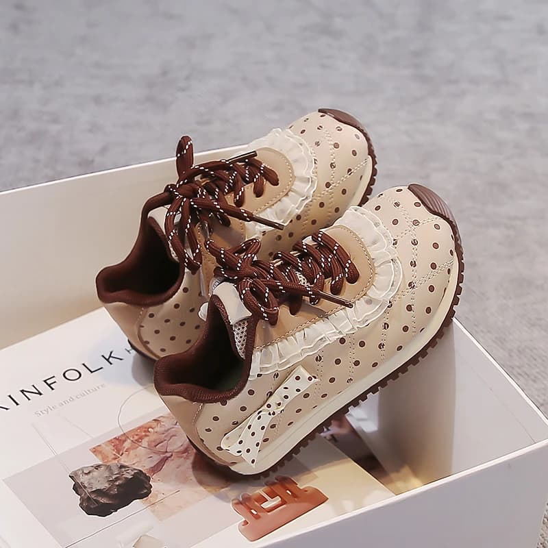 Little Girls Polka Dot Lace Trim Casual Sneakers, Lace-Up Retro Walking Shoes, Rubber Sole Cute Sweet Kids Daily Shoes EU26-37