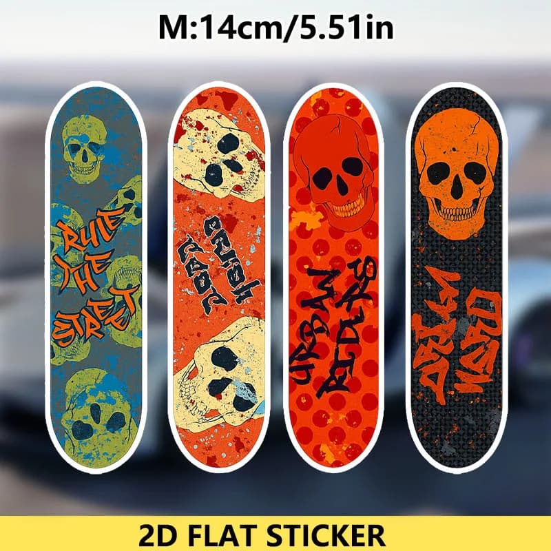 Set di 4 Adesivi per Auto a Forma di Teschio e Skateboard, Decalcomanie in Vinile 2D Piatte Urban Rider, Impermeabili, per Decorazione Auto, Bici e Casco