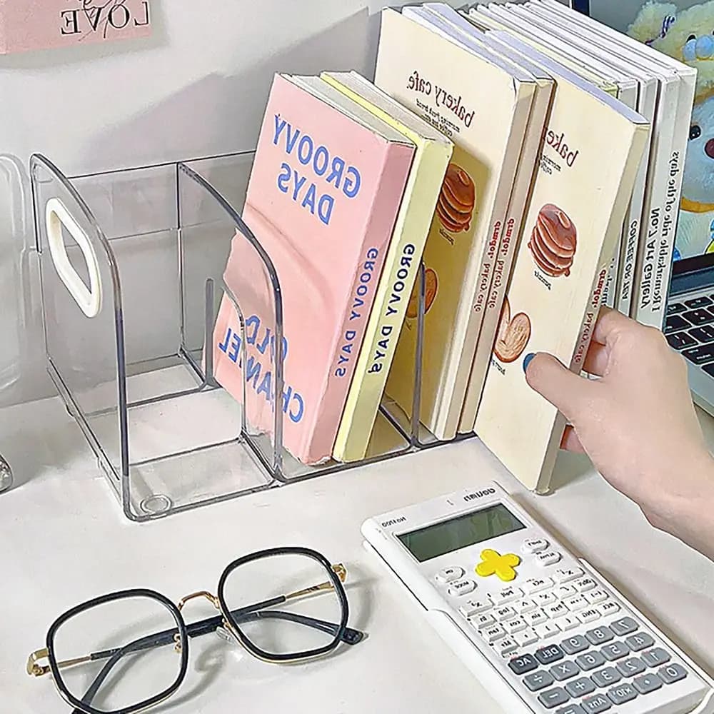 Comodi fermalibri in acrilico trasparente con manico Organizzatore da scrivania Porta libri da tavolo Scaffale per smistamento da tavolo Studente