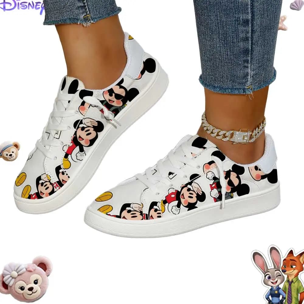 Sneakers basse in tela con stampa integrale Disney Cute Mickey Mouse da donna, scarpe bianche casual con lacci per l'uso quotidiano