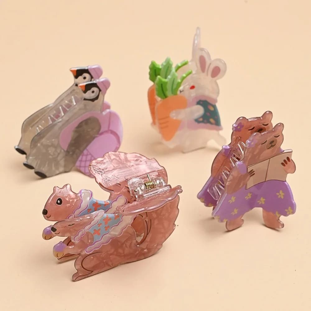 Fermacapelli in acrilico con animali simpatici: coniglietto, pinguino, scoiattolo, squalo. Accessorio per capelli con forme geometriche raffinate per uso quotidiano.