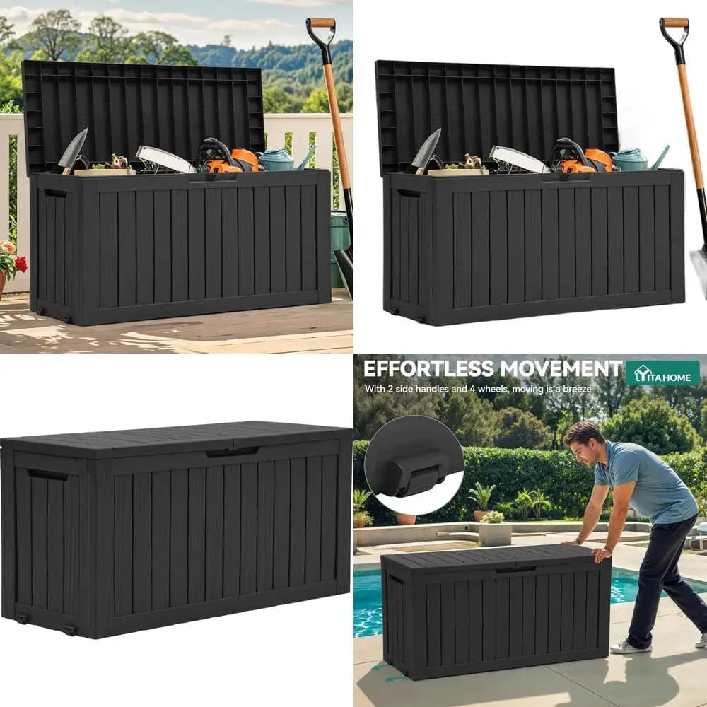 Outdoor storage container on 272 litre wheels, resin, cushions and sports equipment (Black)