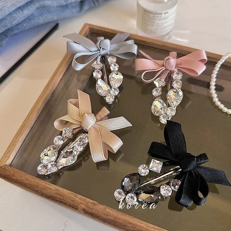 1/2 Piece Elegant Princess Korean Style Satin Bow Hair Clips Pink Rhinestone Barrettes Fashion Fabric Party Wedding Headwear