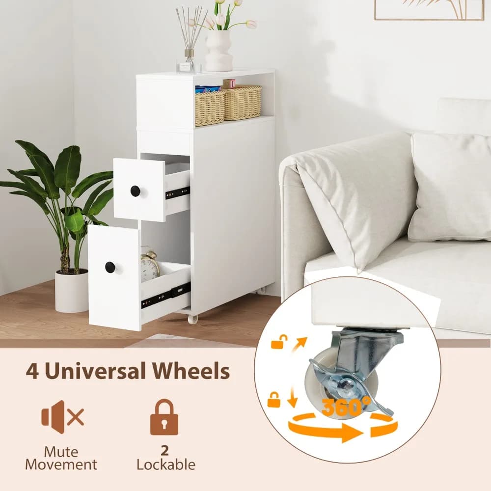 Mobiletto Sottile per Bagno, Armadietto Stretto con Cassetti, Cestini Rimovibili, Portascopino WC