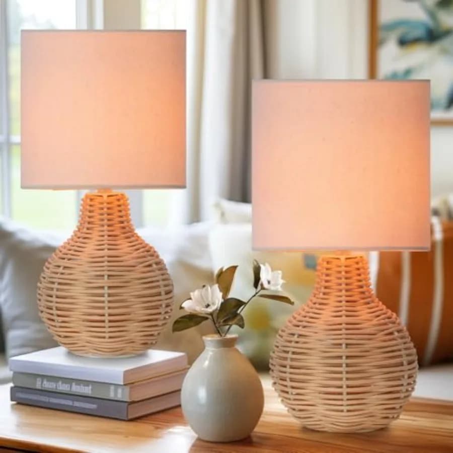 Lampada da Tavolo, Set di 2 Lampade da Comodino Vintage in Vimini e Legno, Lampada da Tavolo Boho in Bambù Intrecciato per Camera da Letto, Soggiorno, Scrivania