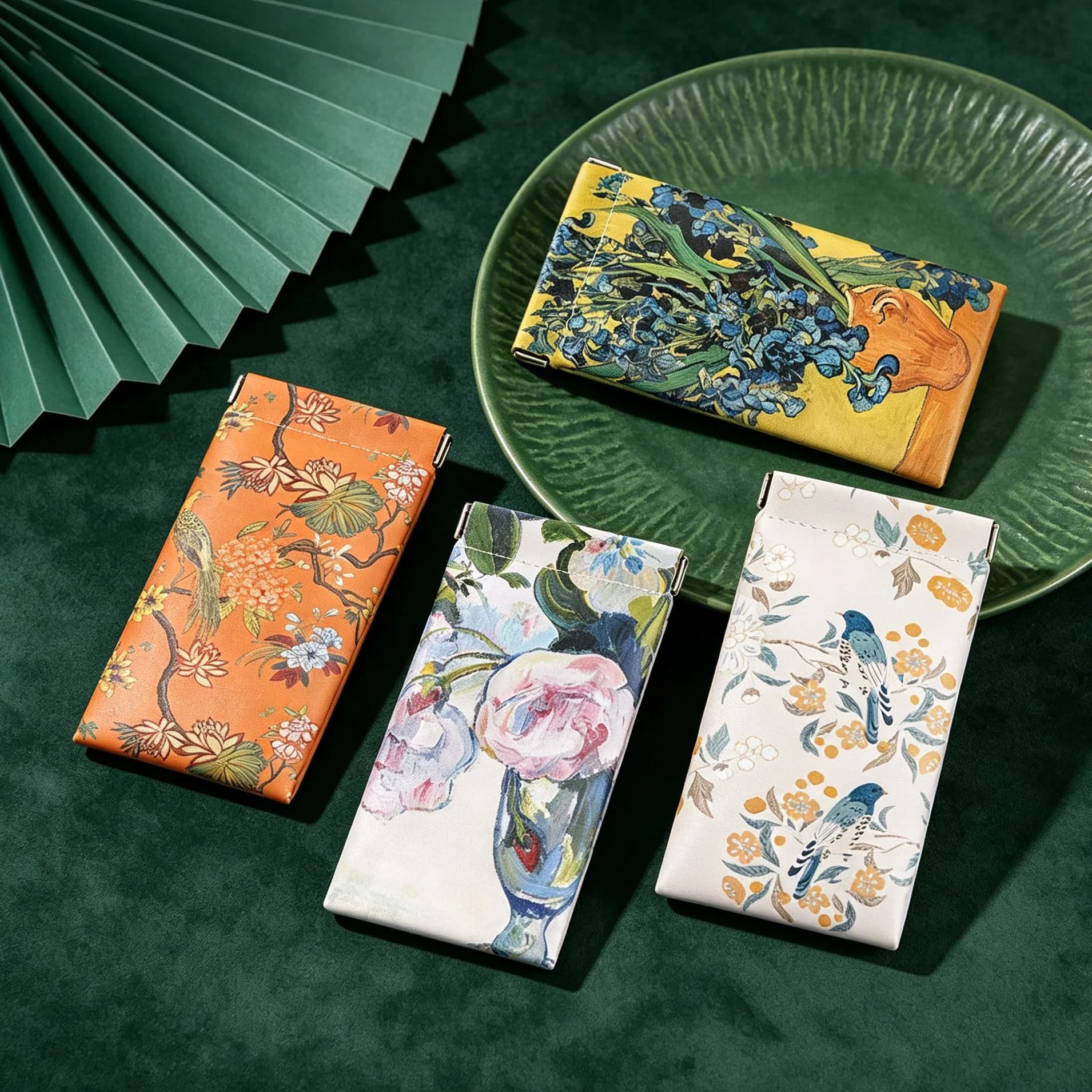 BUYLEMO Art Oil Painting Print Snap Closure Glasses Case, Vintage PU Leather Sunglasses & Data Cable Pouch