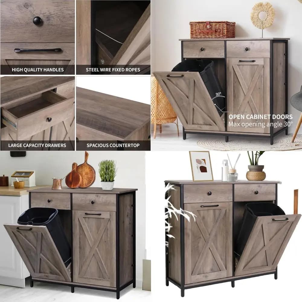 Mobiletto con Doppio Contenitore per Rifiuti da 10 Galloni, Contenitore per Rifiuti da Cucina, Separatore Nascosto per Lavanderia, Adatto per Uso Domestico in Grigio-Beige