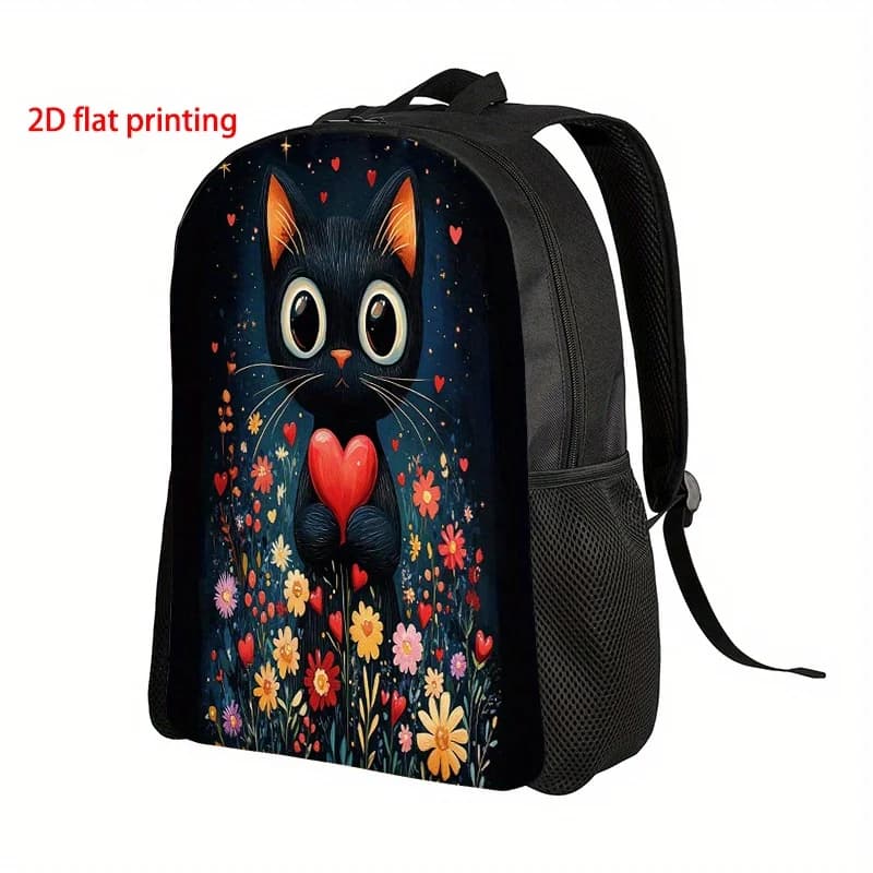 2D Printed commuter bag - Funny black cat with floral design, casual durable polyester backpack, zipper with adjustable shoulder strap