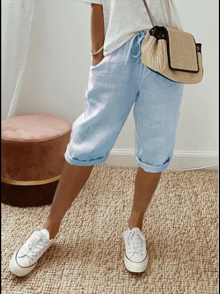 2024 Pantaloni centrali estivi Pantaloncini elastici tascabili tinta unita da donna Pantaloncini sportivi moda casual Pantaloncini da spiaggia in cotone