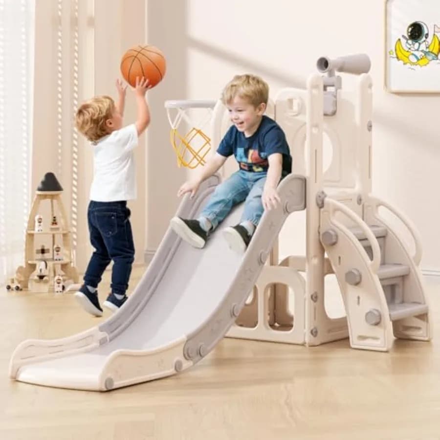 Scivolo per Bambini, Scivolo 6 in 1 per Bambini da 1 a 3 Anni, Set da Gioco per Interni ed Esterni, Scivolo con Canestro da Basket e Telescopio