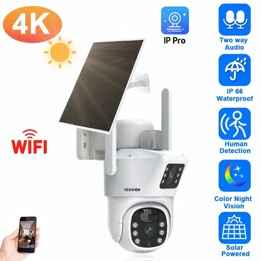 Telecamera con scheda SIM 4G a doppia lente Pannello solare Telecamera esterna a basso consumo Visione notturna a colori Allarme PIR Audio bidirezionale Telecamera CCTV Wifi 4K