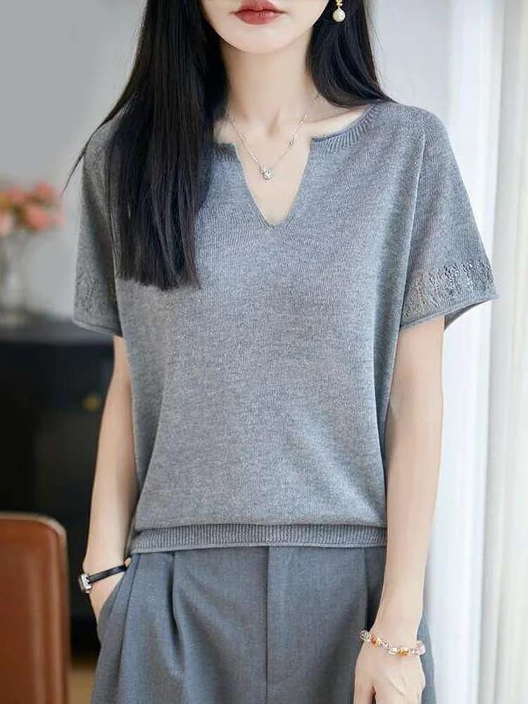 New Seamless One-Line Knitted Ice Hemp Lightweight Short-Sleeve Women's T-Shirt Breathable Cool Sensation Inner Wear Base Lay...