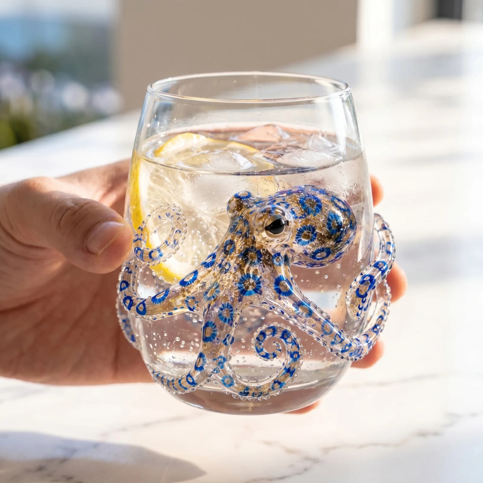 Artisanal Blue Ringed Octopus Glassware, Novelty Drinking Glass, 12 Oz Borosilicate Tumbler, Coastal Home Bar Accessories, Uniqu