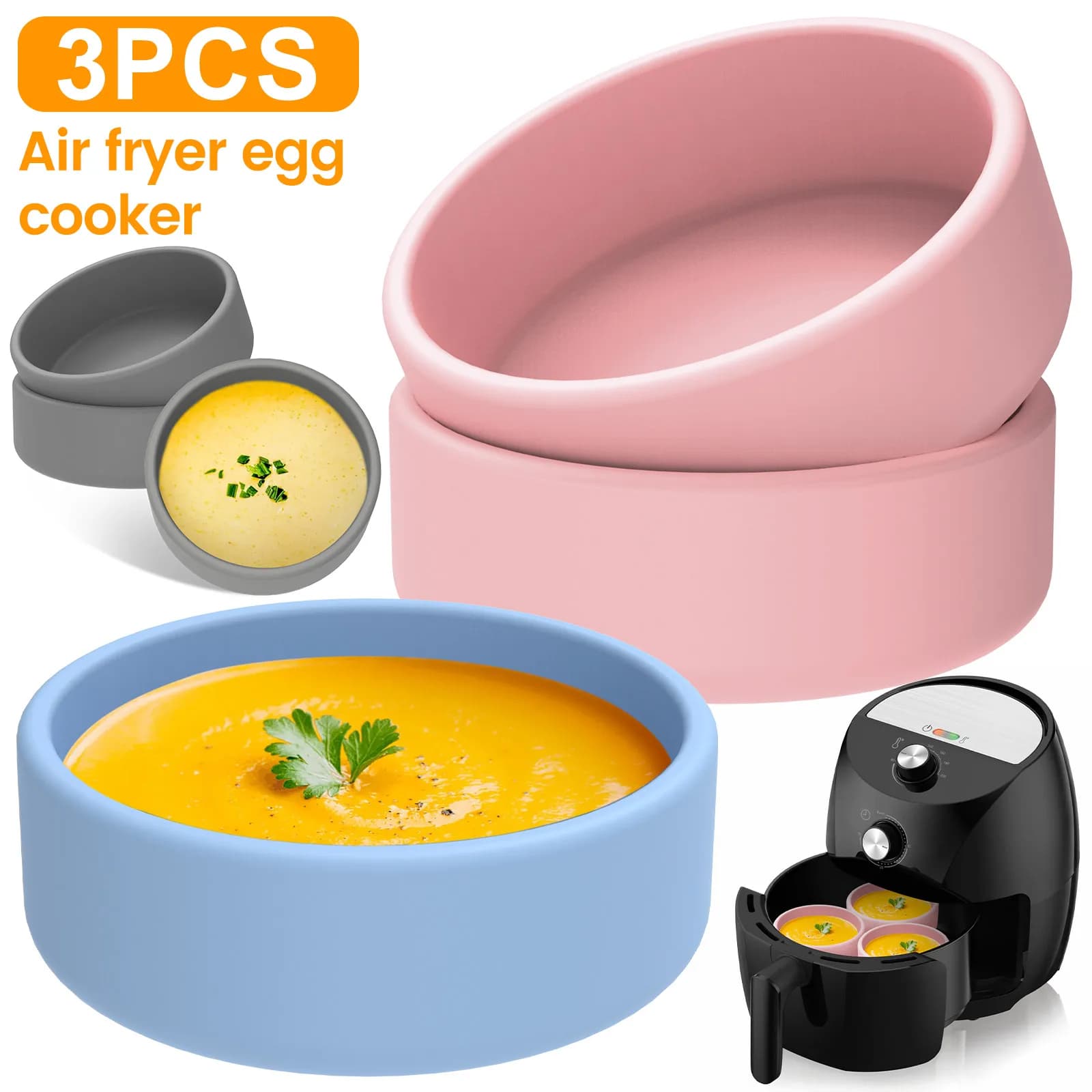 Set di 3 Contenitori in Silicone per Cuocere a Vapore, Friggitrice ad Aria, Teglia per Mini Torte, per Forno e Microonde, per Cucinare Alimenti Liquidi