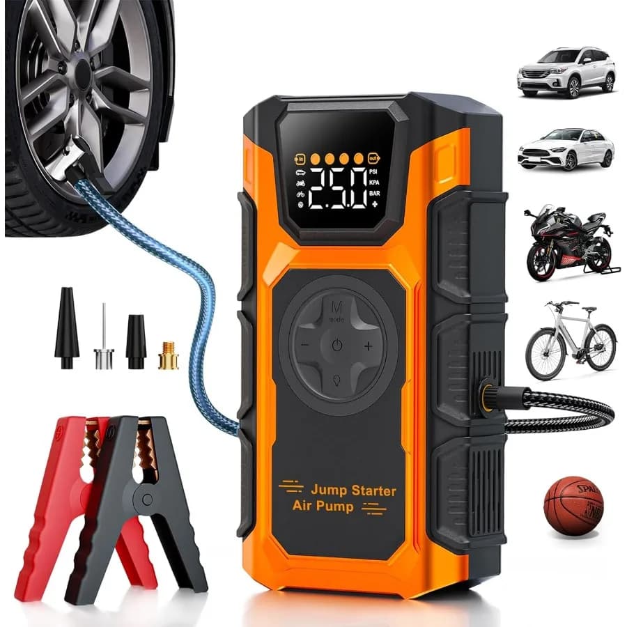 Compressore d'Aria Portatile 150 PSI, Mini Pompa d'Aria Senza Fili per Auto, Moto, Biciclette, Palloni con Manometro e Funzione di Spegnimento Automatico