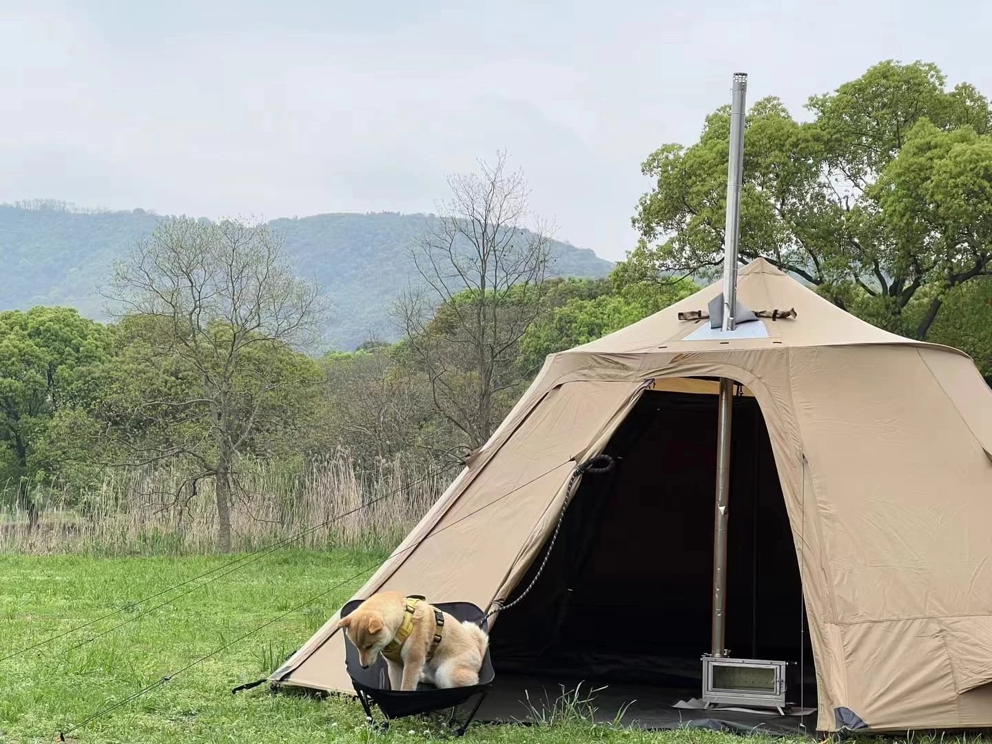 Warm Curtains Light type with stove, standing room, hunting tent, camping in family team, 10 people