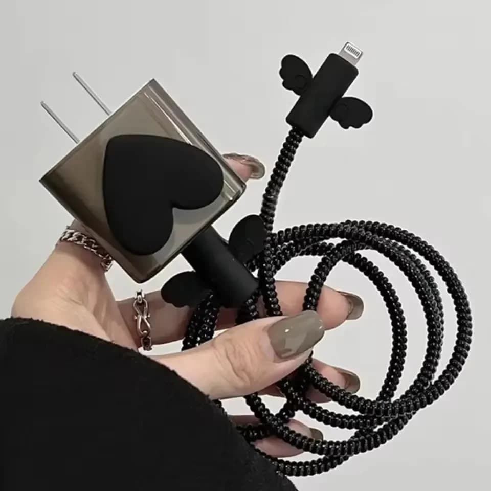 Black Love Bow 5pcs/set Charging Data Cable Protector Winder Accessories For iPhone 18/20w Charger Protective Cover