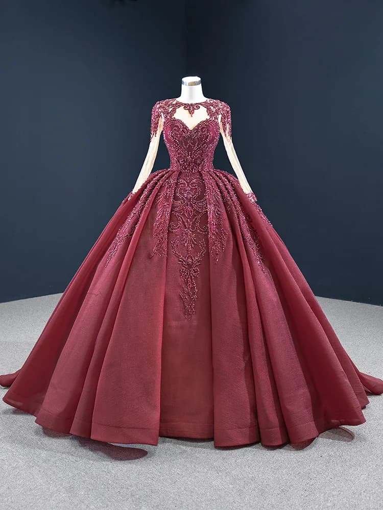 Long Sleeve Beading Wedding Dress V-neck Bridal Dress Sequined Fluffy Party Dress Elegant Satin Banquet Dress Customized