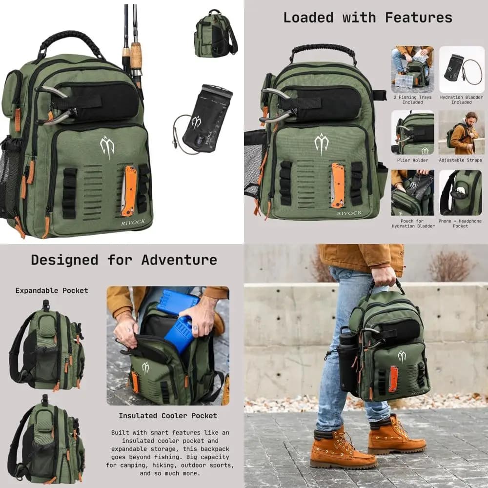 Fishing Backpack with Candle Holder, 2 Storage Boxes, 35L Stock Exchange, Heat Exchanger, Hydrating System, Fishing Hiking Backpack