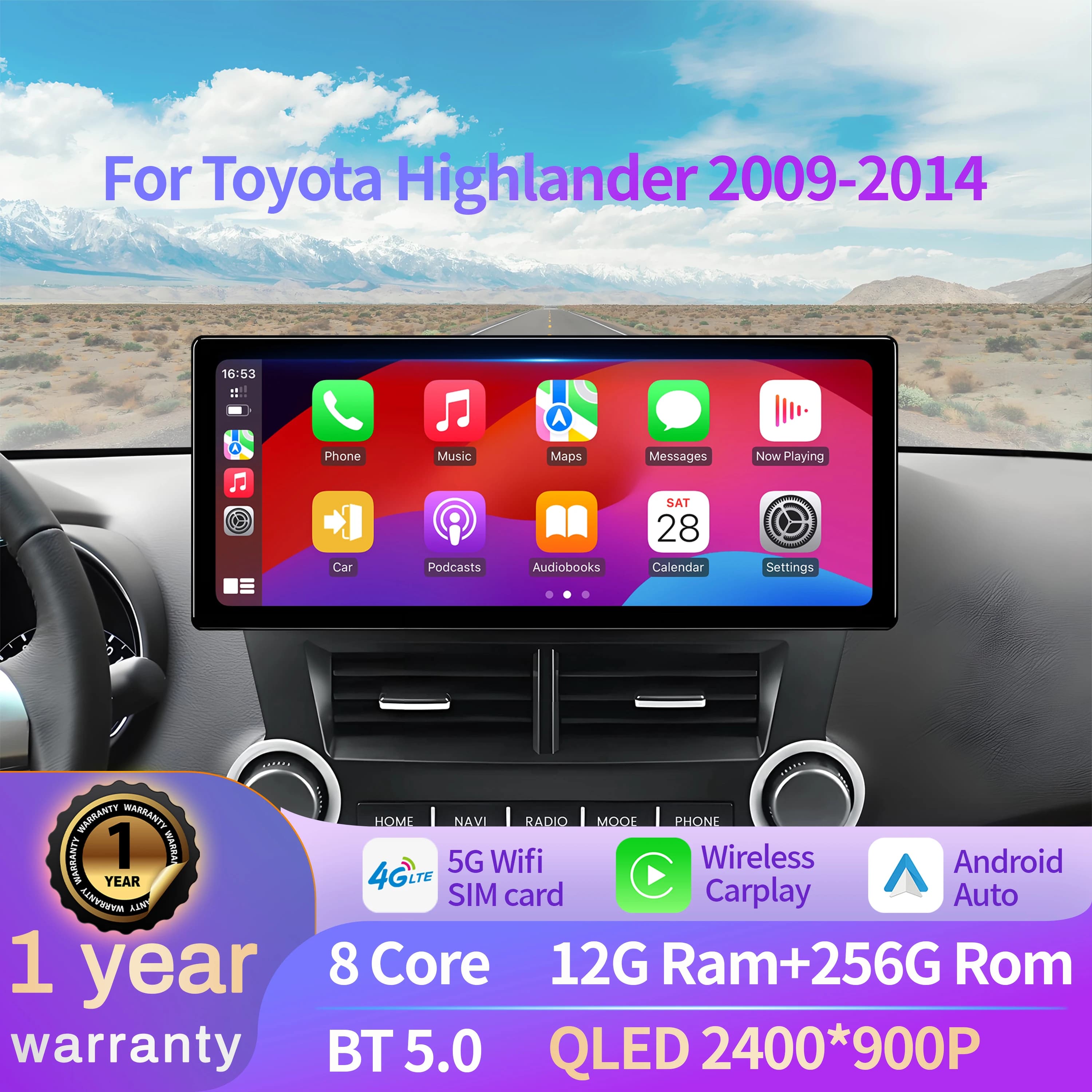 Autoradio da 12,3 pollici per Toyota Highlander 2009-2014 Android 14 Wireless 4G Bluetooth Carplay Unità principale multimediale Touch Screen