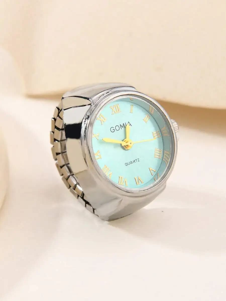 Orologio da donna con quadrante blu menta, anello regolabile in acciaio inossidabile, numeri romani dorati, movimento al quarzo, accessorio di bigiotteria alla moda