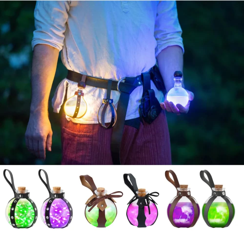 Cintura medievale bottiglia magica Retro cintura in pelle cavaliere vichingo con Alchemy Dark Wizard Potion bottiglia magica gioco di ruolo LARP Prop