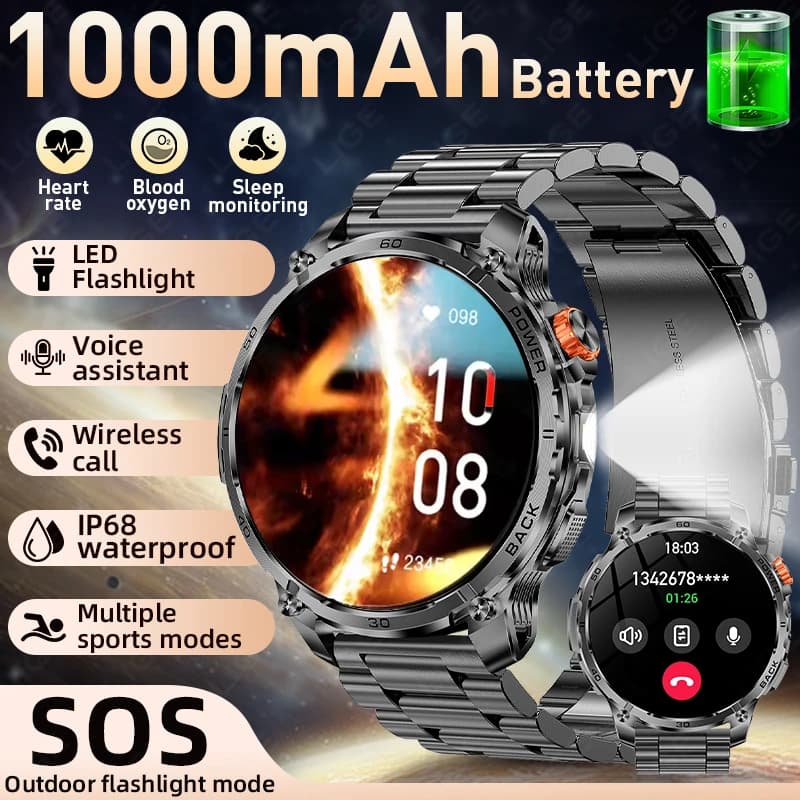 LIGE Smartwatch Militare da Esterno con Batteria Grande da 1000mAh, Chiamate BT, Impermeabile 3ATM, Orologio Sportivo da Uomo da 1.7" per Android iOS