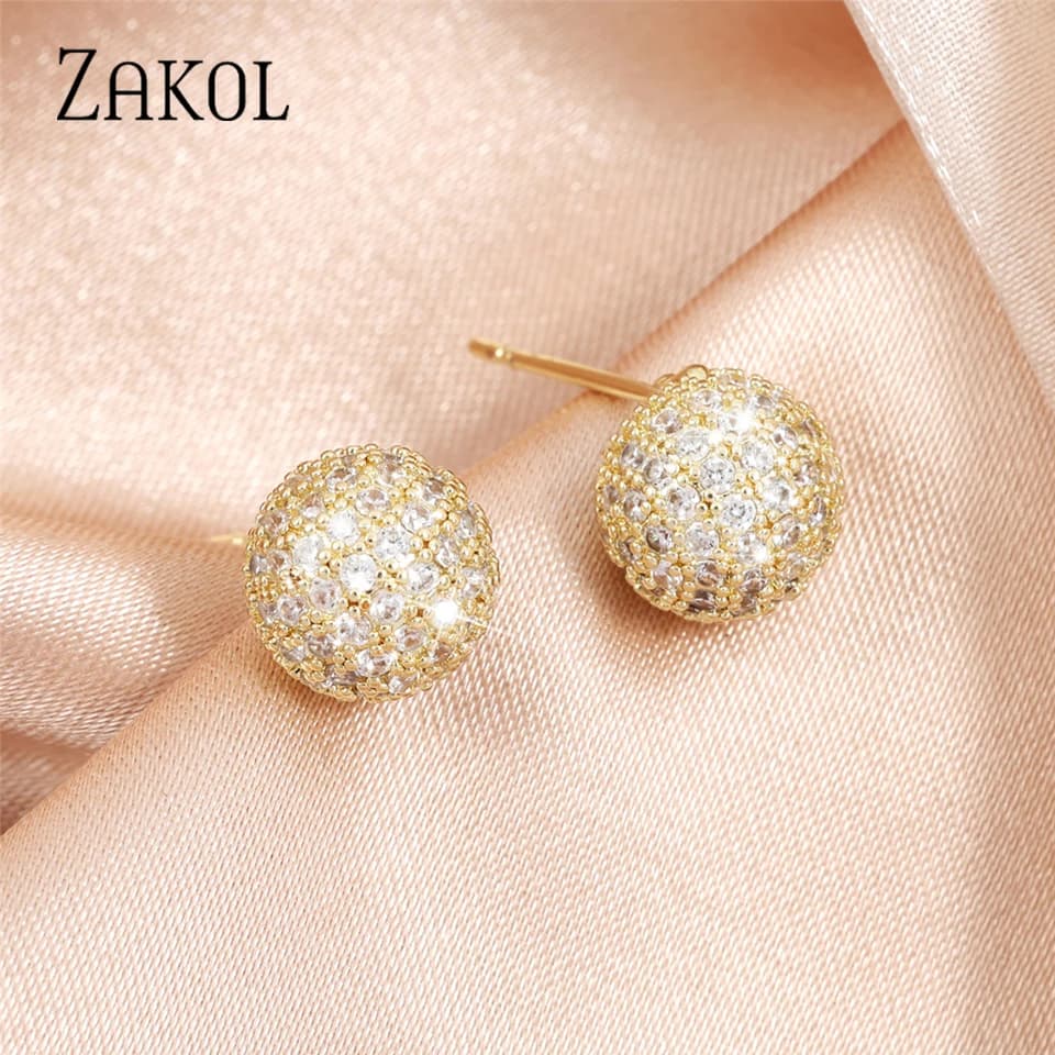 ZAKOL Nuovo orecchino a bottone con sfera in zirconi AAA ghiacciato alla moda per le donne Regalo di gioielli con zirconi micro intarsiati lucidi