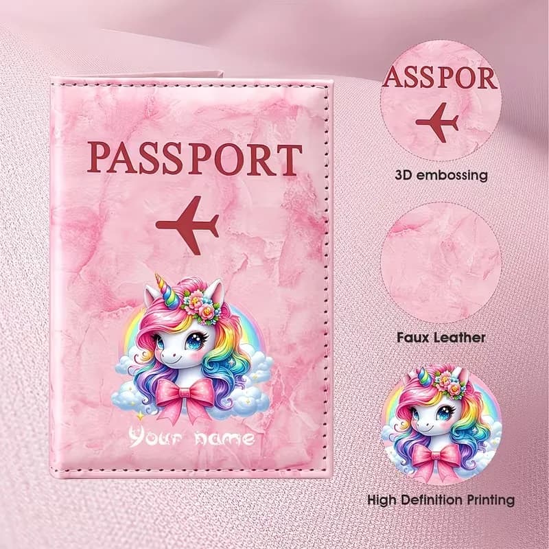 Personalized Name Custom PU Passport Holder, Featuring a Rainbow Cloud Unicorn Illustration, Perfect for Dreamy Romantic Travel