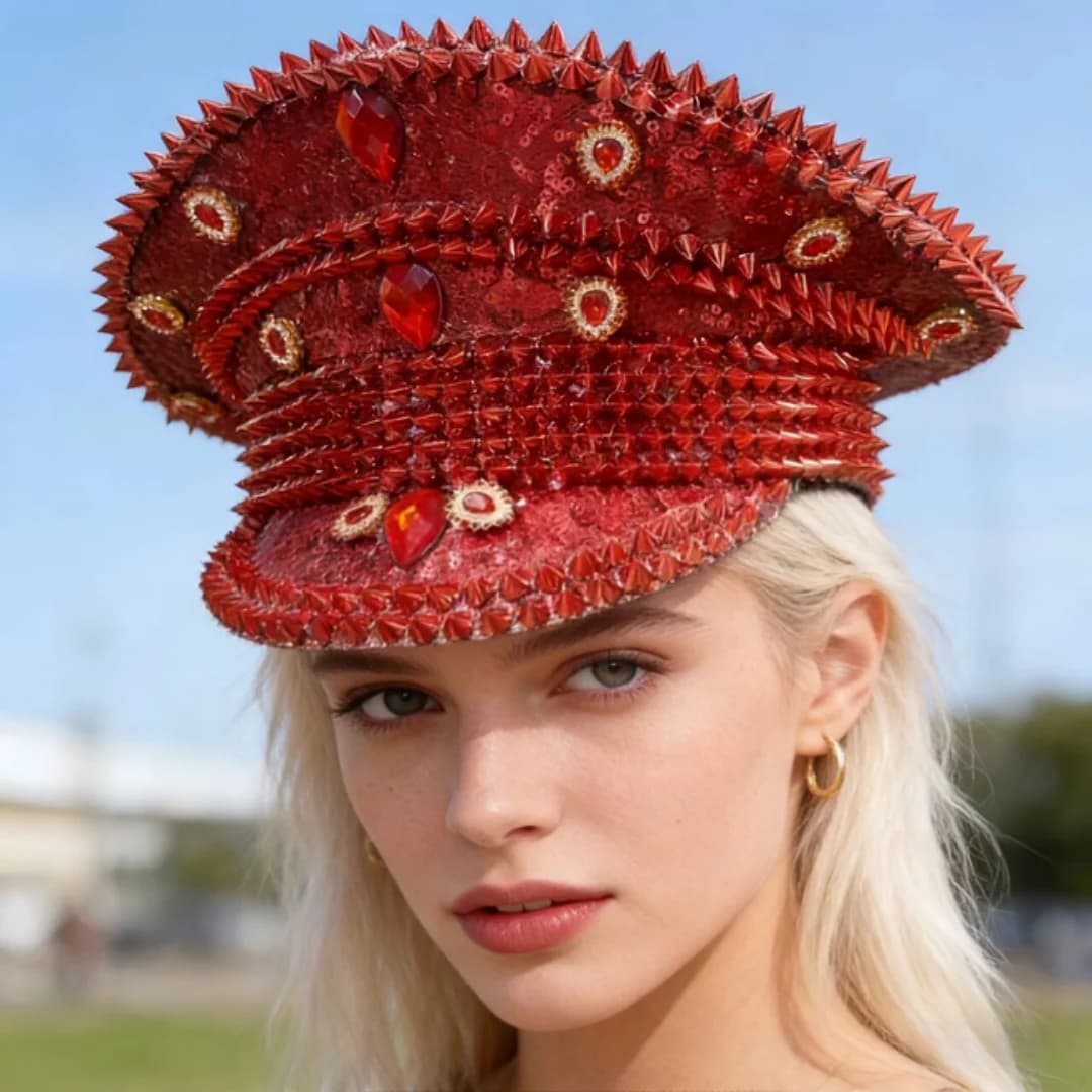 Cappello da Capitano Rosso di Lusso HongLuan con Strass per Festival Burningman Donna, Accessori Militari Vintage e Cappello Militare Uomo