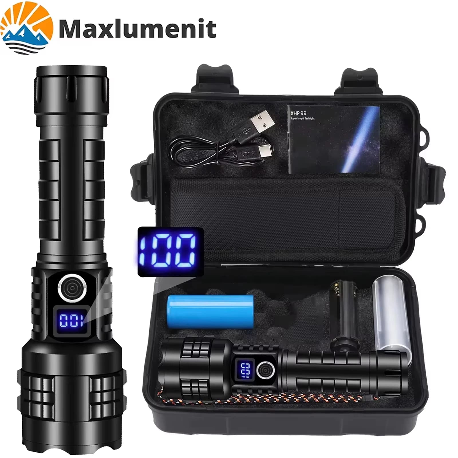 Powerful LED torch from 200000 lumens high-light Super portable rechargeable light Ultra USB C Flashlight for outdoor emergency use