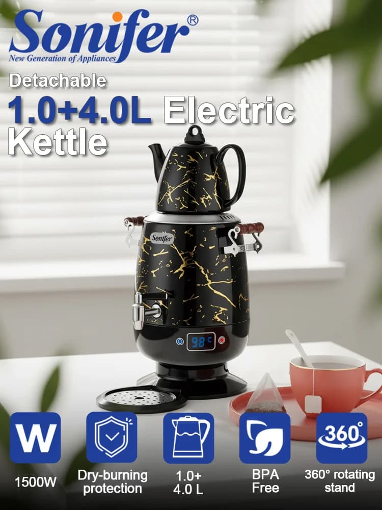 Sonifer SF-2137 Electric Samovar 4L Stainless Steel Kettle 1L Ceramic Teapot 2200W 7 Temperature Insulation Thermostat Black