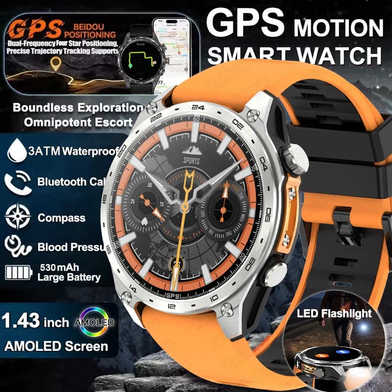 Nuovi smartwatch con batteria da 530 mAh di livello militare, impermeabili 3ATM/IP69, GPS, chiamate Bluetooth, schermo AMOLED HD da 1,43 pollici, smartwatch sportivo da uomo