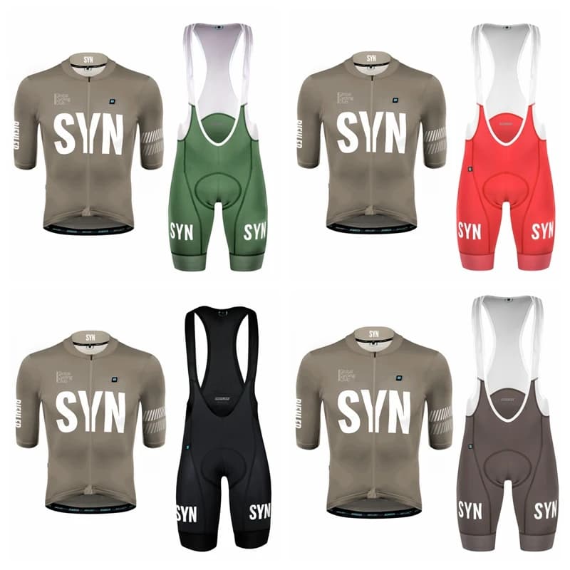 2025 Men's Cycling Suit SYN Short Sleeved Grey Cycling Knitwear MTB Aero Bike Shirts and Shorts with Braces