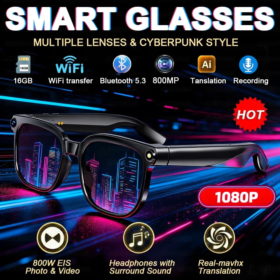 New Smart Glasses AI 2026 for Men, Translation AI 8K HD, Chat GPT, Camera 800MP, Calls BT, Music Control, Sunglasses with Reload 360mAh for Women