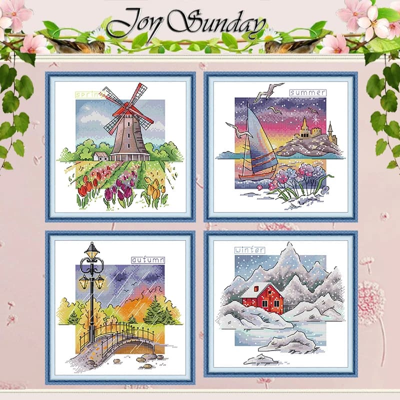 Four Seasons Scenery Patterns Counted Cross Stitch Set DIY 11CT 14CT 16CT HD Stamped DMC Cross-stitch Kit Embroidery Needlework
