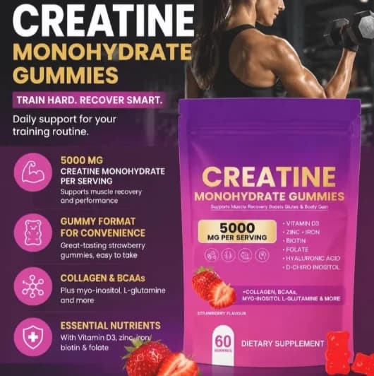 Creatine Monohydrate Gummies Supports Muscle Recovery with Collagen BCAAs Hyaluronic Acid Strawberry Flavor for Adult 60 Gummies