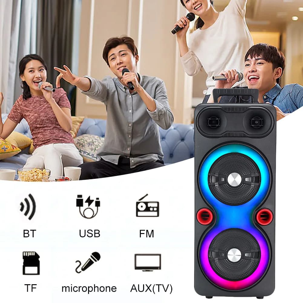 Altoparlante portatile da esterno compatibile con Bluetooth 5.0, macchina per karaoke AUX, doppio subwoofer stereo da 6,5 pollici con microfono e radio FM